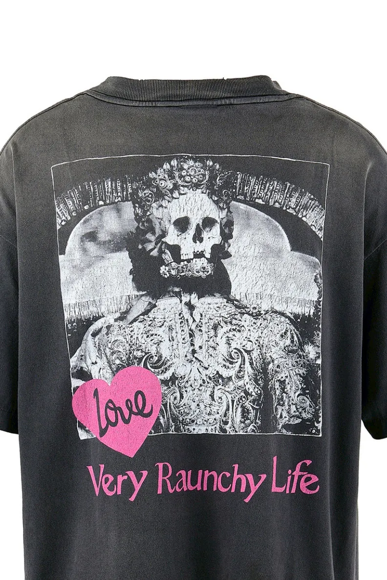 SAINT Mxxxxxx SS TEE/LOVE/BLK LOVE Pink Love Skull Distressed TEE Washed Black S-XL Cylindrical Fabric Ready-made Assute Dyeing Ma Liu Fading Washing Technology Top Printing Technology Handmade Graffiti Splashing Ink Correct Main Mark/Wash Mark/Anti-Counterfeiting Label Top Purchasing Level